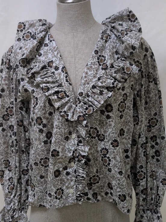 Zara Floral Ruffle Blouse in Cream & Brown - Picture 6 of 13